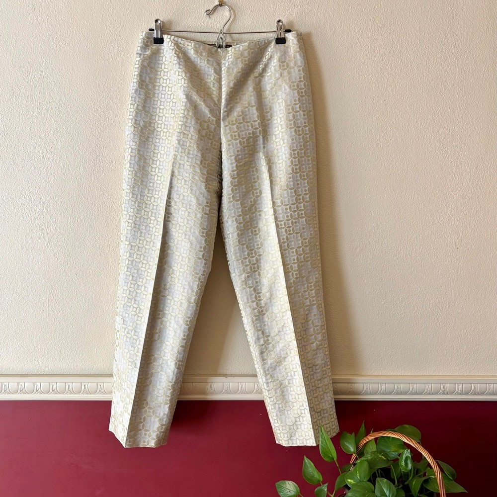 New Sigrid Olsen Silk Blend Jacquard Ankle Pants Gold Cream Orchid Moon 10 Chic